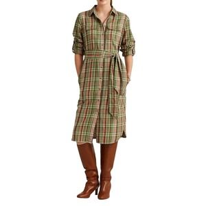 Lauren Ralph Lauren Plaid Shirt Dress Belted Green Pink‎ Roll Tab 12P Preppy